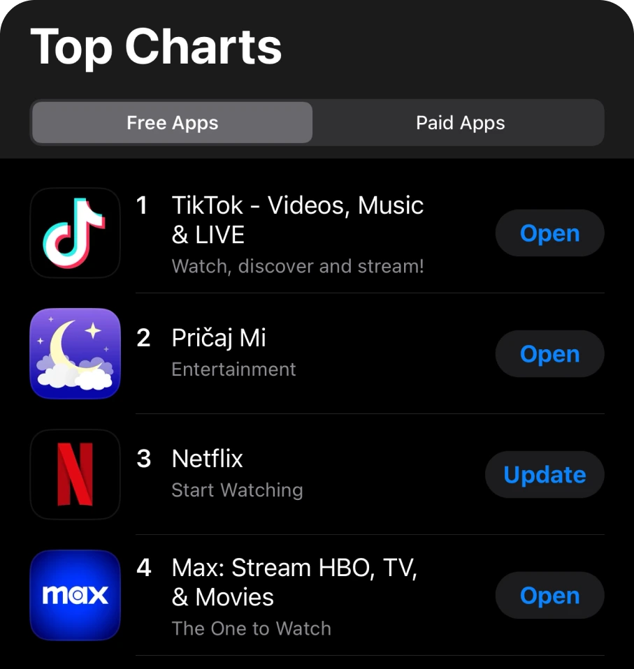 Pričaj Mi — #2 in the App Store Top Charts, above Netflix
